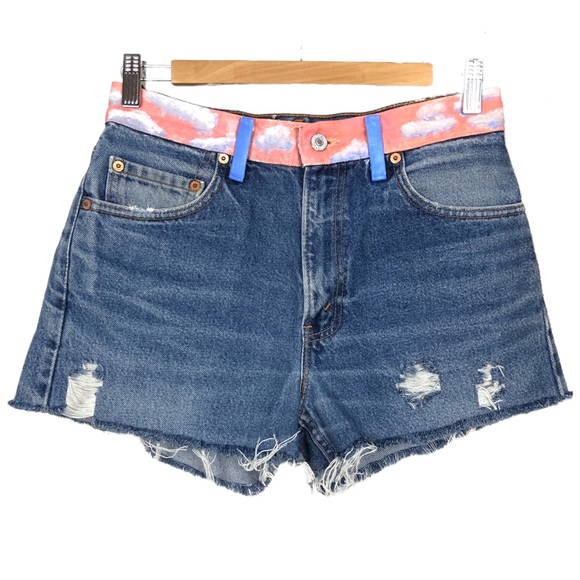 Levi’s 505 DIY Distressed Cutoff Hand Painted Rainbow Cloud Denim Jean Shorts - Picture 3 of 13